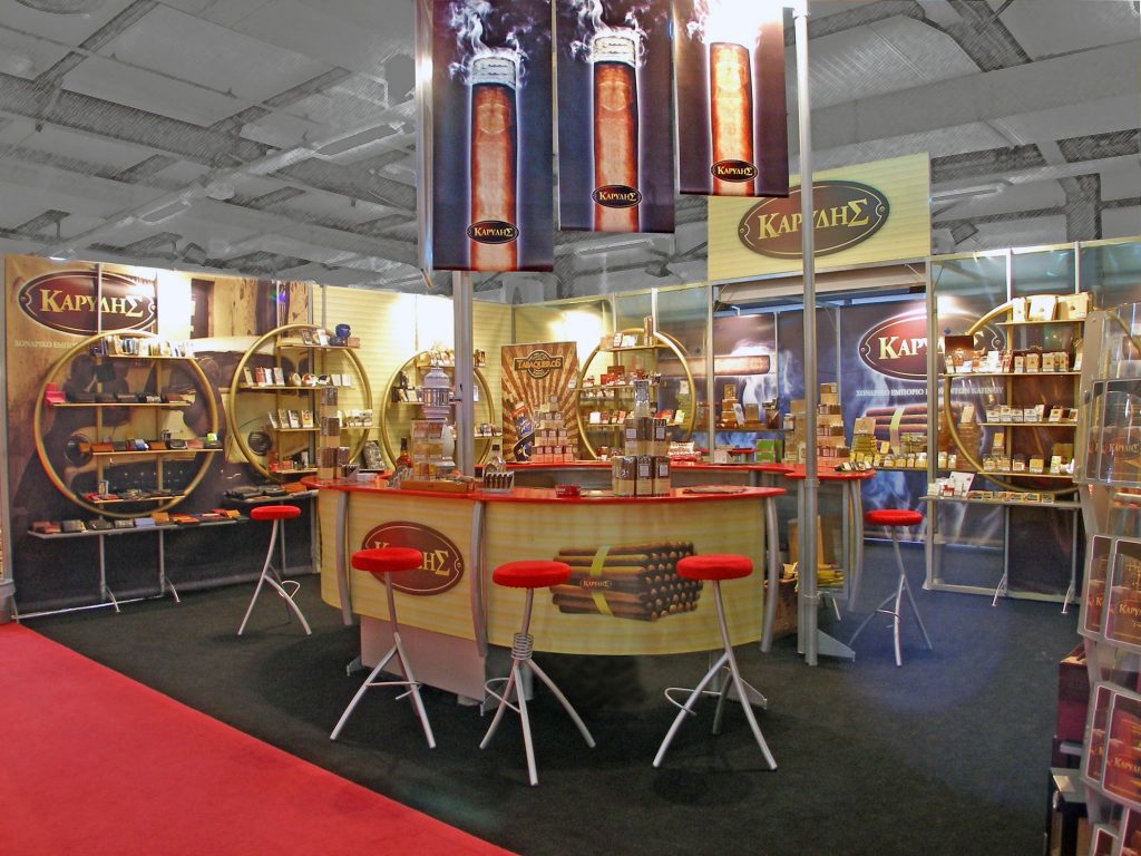 Excibition Booth for Καρύδης Cigars Company functionally counter, executive desk and Vintage decoration | Art & Design Group