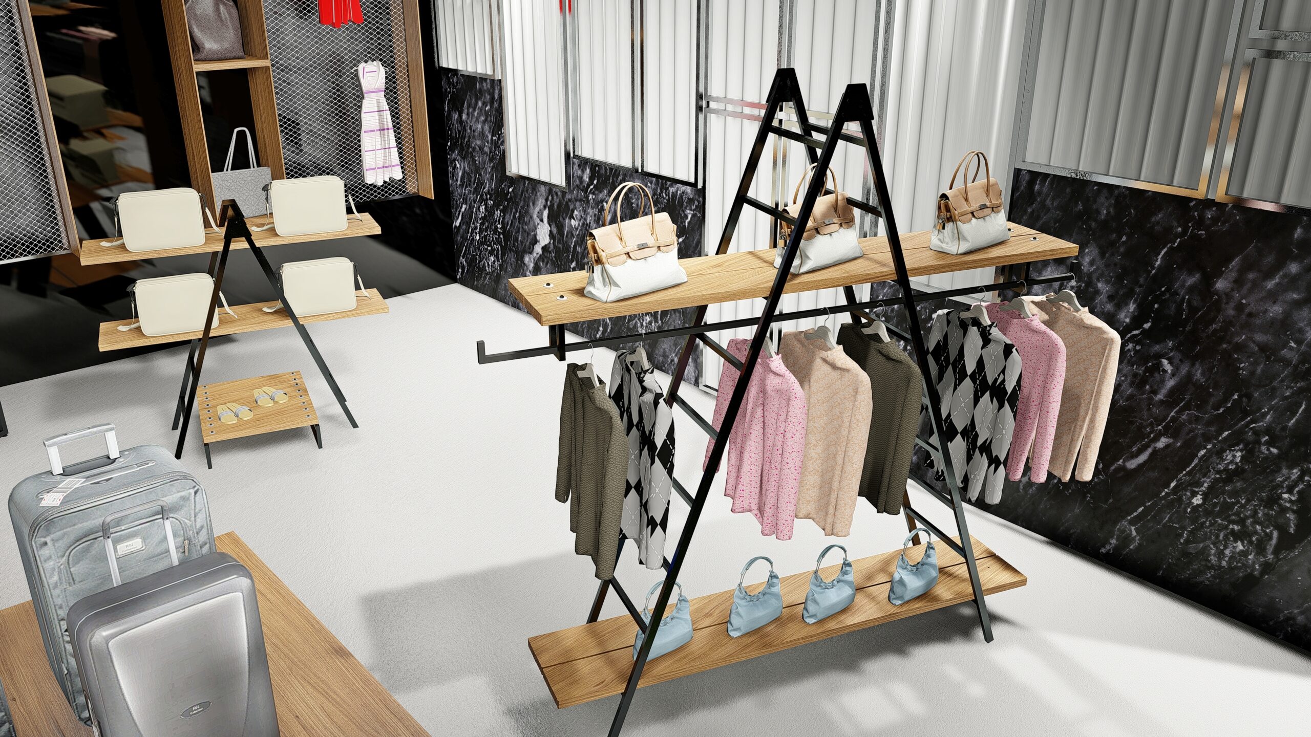 Σχεδιασμός καταστήματος μόδας boutique γυναικείων ενδυμάτων vintage