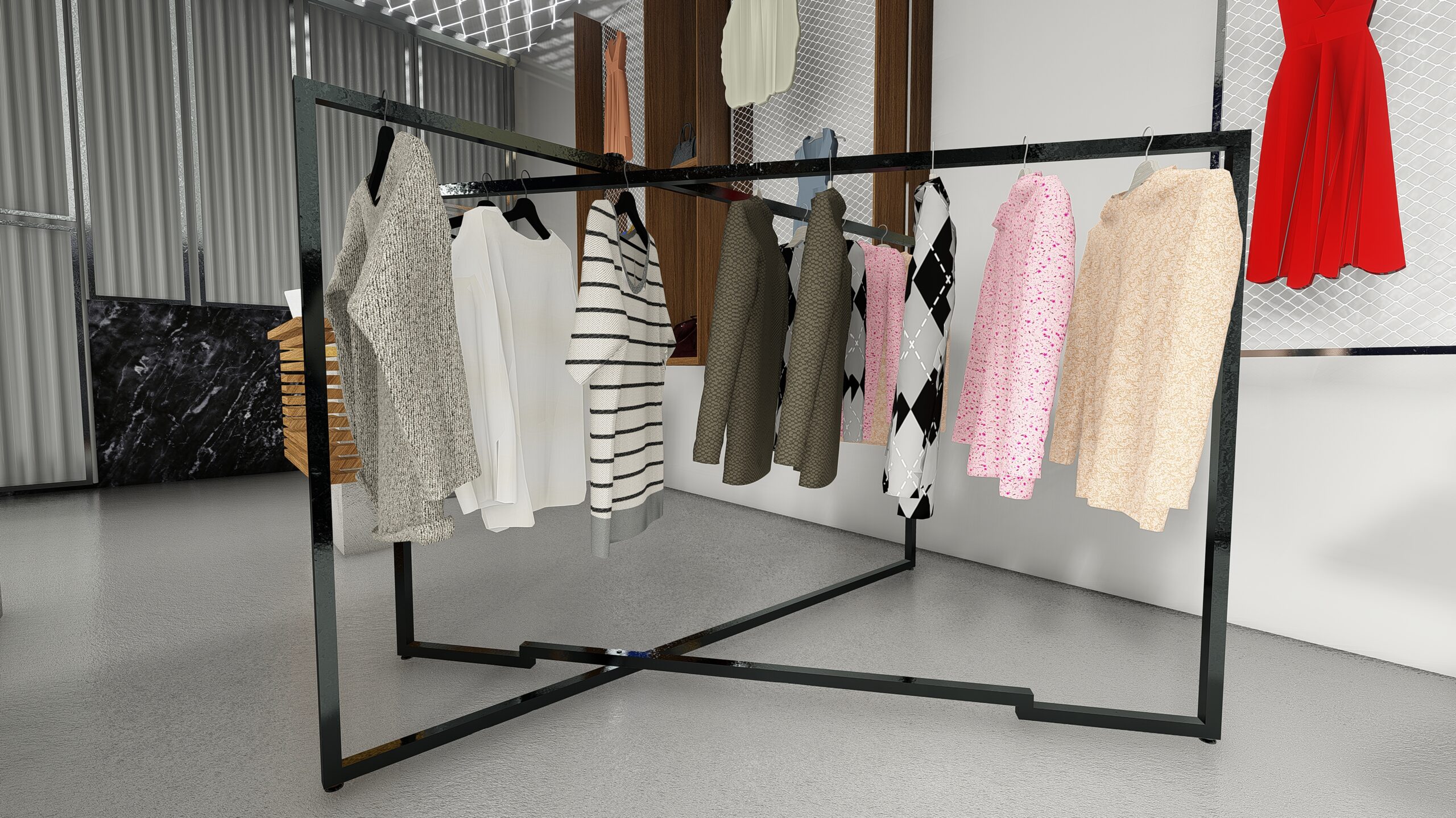 Σχεδιασμός καταστήματος μόδας boutique γυναικείων ενδυμάτων vintage