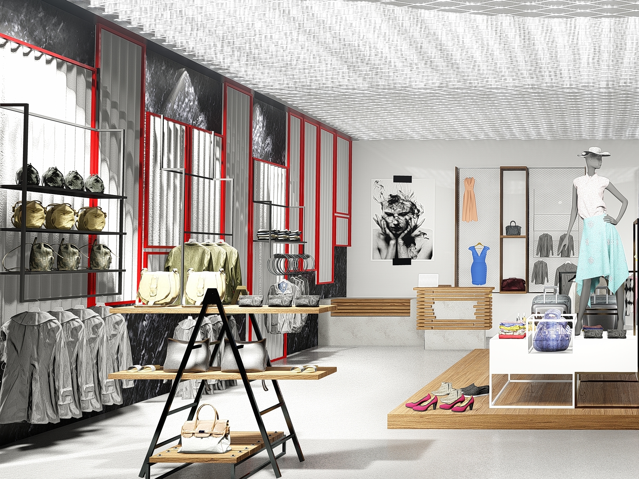 Σχεδιασμός καταστήματος μόδας boutique γυναικείων ενδυμάτων vintage