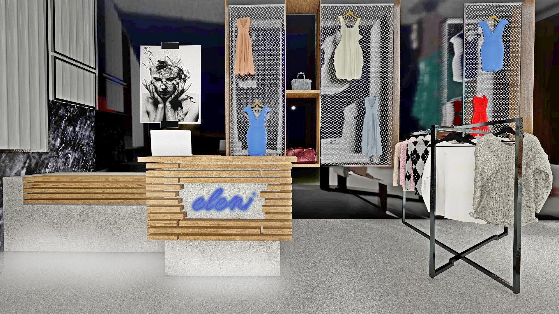 Σχεδιασμός καταστήματος μόδας boutique γυναικείων ενδυμάτων vintage